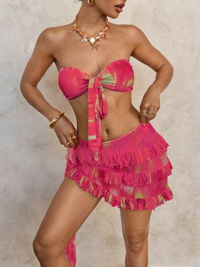 SHEIN Swim طقم بكيني للنساء مكون من ملابس علوية وأسفل بطبعات رباطية، مثير، لأيام الشاطئ والعطلات الصيفية