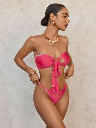 SHEIN Swim طقم بكيني للنساء مكون من ملابس علوية وأسفل بطبعات رباطية، مثير، لأيام الشاطئ والعطلات الصيفية