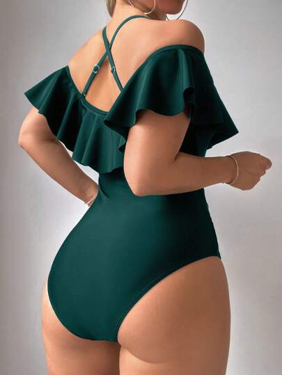 SHEIN Swim بذلة سباحة قطعة واحدة نسائية بلون أحادي مصممة بتفاصيل الهولتر والشبك، مناسبة للعطلات والشاطئ