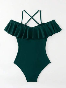 SHEIN Swim بذلة سباحة قطعة واحدة نسائية بلون أحادي مصممة بتفاصيل الهولتر والشبك، مناسبة للعطلات والشاطئ