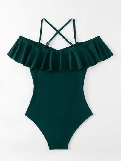 SHEIN Swim بذلة سباحة قطعة واحدة نسائية بلون أحادي مصممة بتفاصيل الهولتر والشبك، مناسبة للعطلات والشاطئ