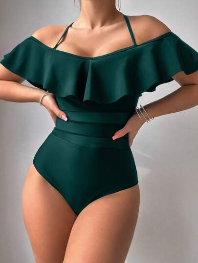 SHEIN Swim بذلة سباحة قطعة واحدة نسائية بلون أحادي مصممة بتفاصيل الهولتر والشبك، مناسبة للعطلات والشاطئ