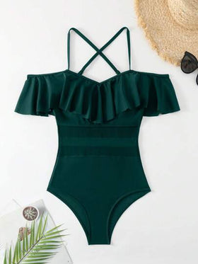 SHEIN Swim بذلة سباحة قطعة واحدة نسائية بلون أحادي مصممة بتفاصيل الهولتر والشبك، مناسبة للعطلات والشاطئ