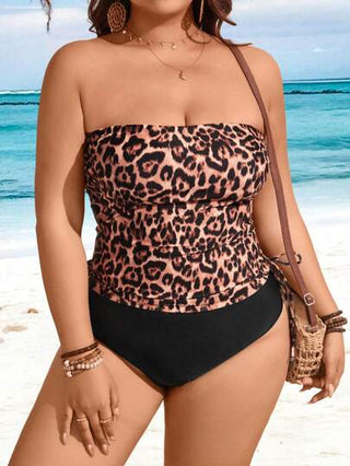 Swim Lushoire ملابس السباحة المكونة من بكيني ذو ربطة عنق وسحاب جانبي للنساء ذوات الحجم الكبير، مطبوع بنقشة نمر، مناسب للشاطئ والعطلات الصيفية