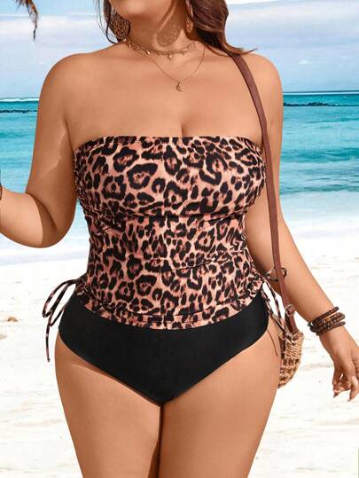 Swim Lushoire ملابس السباحة المكونة من بكيني ذو ربطة عنق وسحاب جانبي للنساء ذوات الحجم الكبير، مطبوع بنقشة نمر، مناسب للشاطئ والعطلات الصيفية