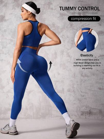 SHEIN Sport Studio طقم نسائي رياضي سترة وبنطلون رياضي مع تفاصيل الخياطة، باللون الأزرق