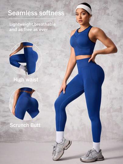 SHEIN Sport Studio طقم نسائي رياضي سترة وبنطلون رياضي مع تفاصيل الخياطة، باللون الأزرق