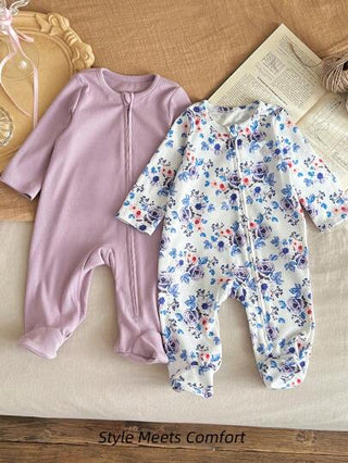 SHEIN مجموعة بدلة رومبر مكونة من قطعتين للأطفال حديثي الولادة بناتي ذات طبعة زهرية فاخرة ولون سادة ذات رقبة دائرية وأكمام طويلة وسحاب أمامي، مريحة