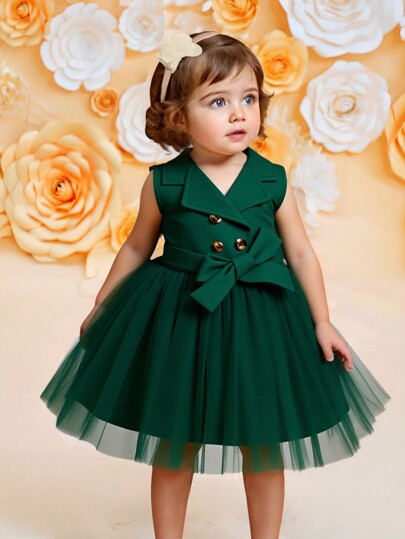 فساتين بيبي Glamorique Kids فستان عيد ميلاد بناتي لرمضان مع ربطة الخصر والياقة المصنوعة من قطع شبكية