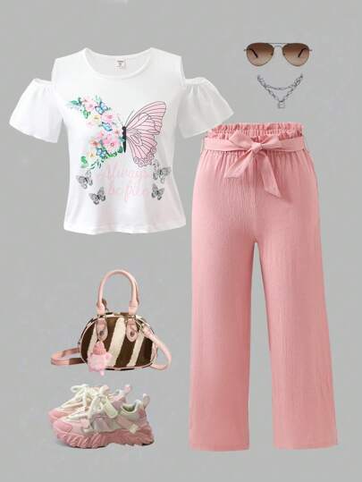 girls-sets مجموعة فتاة مراهقة مكونة من ملابس علوية كتف مفتوح جميلة بتصميم الفراشة وبنطال به أحزمة قطعتان