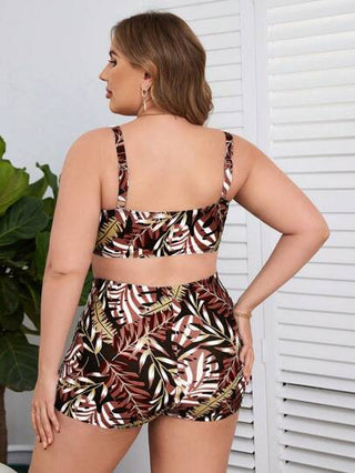 Swim Lushoire مجموعة بيكيني سالوبيت مطبوع بطبعات استوائية عشوائية لحجم كبير للنساء قطعتان/طقم ، عطلة عارضة ، للشاطئ الصيفي