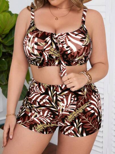 Swim Lushoire مجموعة بيكيني سالوبيت مطبوع بطبعات استوائية عشوائية لحجم كبير للنساء قطعتان/طقم ، عطلة عارضة ، للشاطئ الصيفي