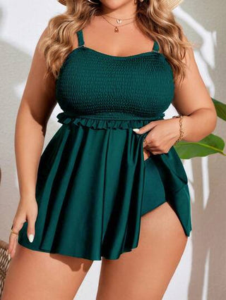 SHEIN Swim Curve مجموعة بدلة سباحة من قطعتين (توب وسروال) للمرأة ذات الحجم الكبير، بحمالات رفيعة، بطراز لون أحادي، طراز عطلة عادي، مناسب للشاطئ والعطلات الصيفية