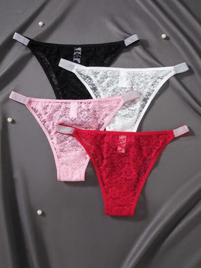 Shein Underwear&Sleepwear Basics 4 قطع/عبوة مجموعة سراويل حريمي مزركشة بالشريط والدانتيل بشكل مثلث