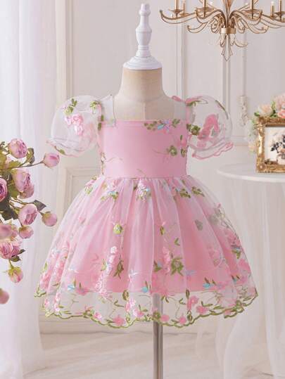 فساتين بيبي Glamorique Kids فستان ميرسر للأطفال بنات الرضع والأطفال من عمر 0-3 سنوات، أنيق أميري زهري شبكي نقي الأكمام، للربيع/الصيف