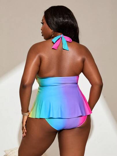 SHEIN Slayr CURVE بدلة سباحة تانكيني حجم كبير للسيدات من قطعتين مطبوع بتدرج اللون وعقدة للرقبة، طقم للاصطياف والشاطئ والسباحة للصيف