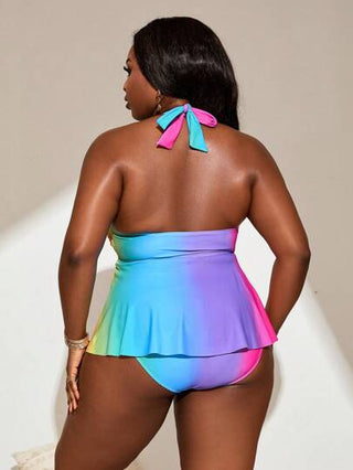 SHEIN Slayr CURVE بدلة سباحة تانكيني حجم كبير للسيدات من قطعتين مطبوع بتدرج اللون وعقدة للرقبة، طقم للاصطياف والشاطئ والسباحة للصيف