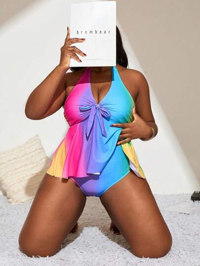 SHEIN Slayr CURVE بدلة سباحة تانكيني حجم كبير للسيدات من قطعتين مطبوع بتدرج اللون وعقدة للرقبة، طقم للاصطياف والشاطئ والسباحة للصيف