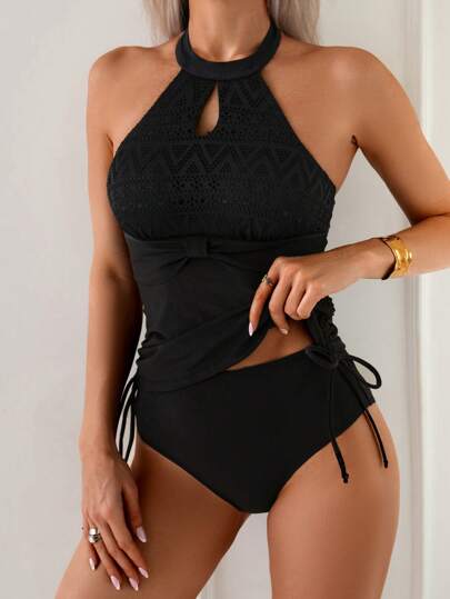 طقم تانكيني حريمي Swim Lushoire مجموعة تانكيني (علوي وسفلي) من النساء مع رقبة حلاقة مع رباط جانبي من خامة الدانتيل ، للاستخدام في الصيف وأثناء العطلات الشاطئية