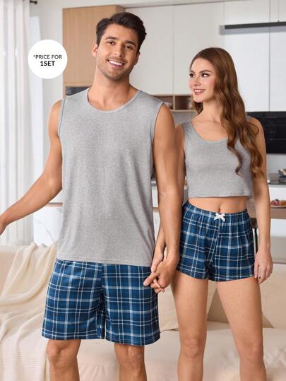 SHEIN 2 قطعة/مجموعة رجالية بيجامات أكمام قصيرة وشورت مربعات, ملابس منزلية كاجوال