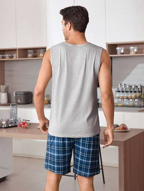 SHEIN 2 قطعة/مجموعة رجالية بيجامات أكمام قصيرة وشورت مربعات, ملابس منزلية كاجوال