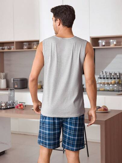 SHEIN 2 قطعة/مجموعة رجالية بيجامات أكمام قصيرة وشورت مربعات, ملابس منزلية كاجوال