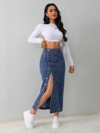 Tall تنورة جينز نسائية غير رسمية فضفاضة ذات شق جانبي، تنورة طويلة من القماش الأزرق الفاتح، ملابس شتوية للنساء بتنورة زرقاء
