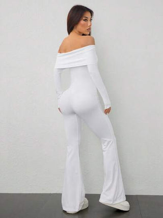 EZwear بدلة سيدات كتف مكشوفة بأكمام طويلة وساقات واسعة باللون الأحادي