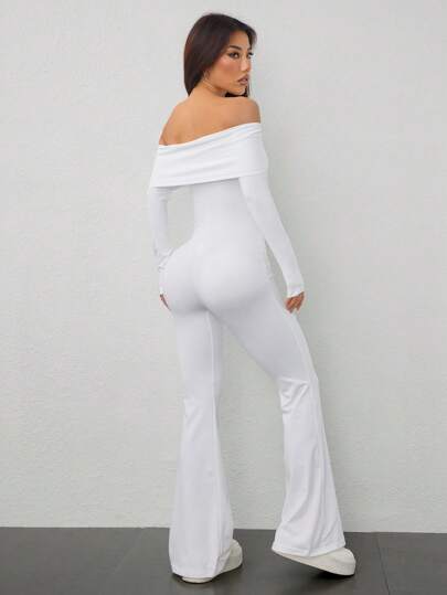 EZwear بدلة سيدات كتف مكشوفة بأكمام طويلة وساقات واسعة باللون الأحادي
