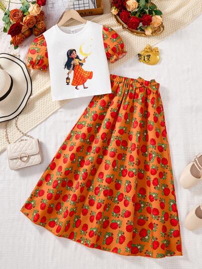 girls-sets مجموعة ملابس علوية كاجوال للبنات مزودة بأكمام منتفخة وتنورة مزخرفة بالزهور لموسم رمضان