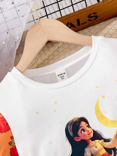girls-sets مجموعة ملابس علوية كاجوال للبنات مزودة بأكمام منتفخة وتنورة مزخرفة بالزهور لموسم رمضان