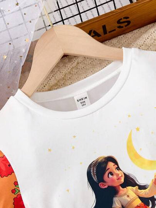girls-sets مجموعة ملابس علوية كاجوال للبنات مزودة بأكمام منتفخة وتنورة مزخرفة بالزهور لموسم رمضان