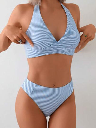 Swim مجموعة قطعتين من ملابس النساء العشوائية الطباعة مخططة، ملابس علوية بيكيني بأربطة متقاطعة وسراويل سباحة بأجزاء ملحقة، لموسم الصيف والاستجمام