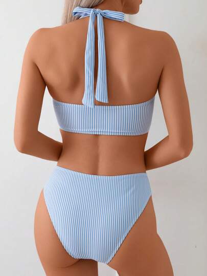Swim مجموعة قطعتين من ملابس النساء العشوائية الطباعة مخططة، ملابس علوية بيكيني بأربطة متقاطعة وسراويل سباحة بأجزاء ملحقة، لموسم الصيف والاستجمام