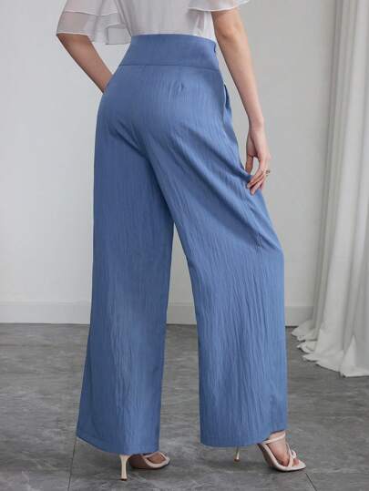 Modelyn بناطيل أرجل واسعة كاجوال ذات خصر مطوي بلون أحادي للنساء