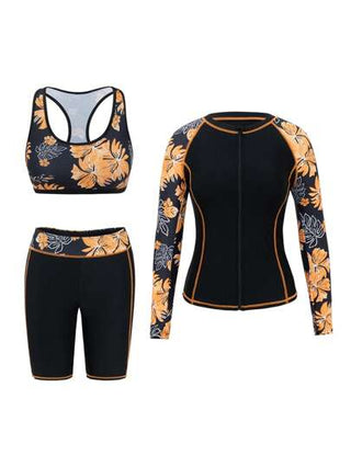 طقم تانكيني حريمي Swim SPRTY مجموعة 3 قطع: سراويل 5 نقاط مطبوعة، ملابس علوية رياضية ضيقة بدون أكمام، غطاء طويل الأكمام مع سوستة للشاطئ، ملابس السباحة، بذلة التزلج على الأمواج، تغطية متواضعة، قياس ضيق، للعطلات الصيفية