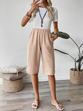 EMERY ROSE بنطلون كتان متوسط الطول على الطراز الريفي الكاجوال للنساء، مزين بأزرار للصيف