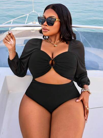 SHEIN Slayr CURVE بدلة سباحة قطعة واحدة من القطن السائب الأسود للسيدات ذوات الحجم الكبير ، كاجوال صيفي ، أكمام شبكية ، مجموعة بدلات سباحة شاطئية جذابة