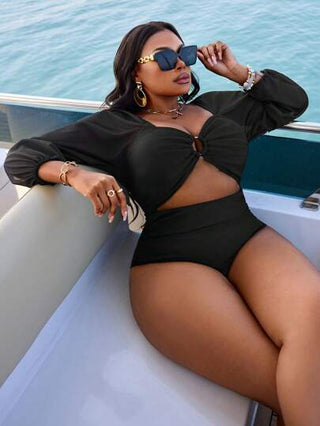 SHEIN Slayr CURVE بدلة سباحة قطعة واحدة من القطن السائب الأسود للسيدات ذوات الحجم الكبير ، كاجوال صيفي ، أكمام شبكية ، مجموعة بدلات سباحة شاطئية جذابة