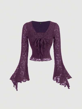 SHEIN MOD ملابس علوية أنيق وأنثوي بربطة أمامية، تي شيرت جميل للنساء، ملابس علوية نسائية مجوفة للخروج في فصل الخريف والشتاء، ملابس علوية أميرة نسائية لارتداء خروج