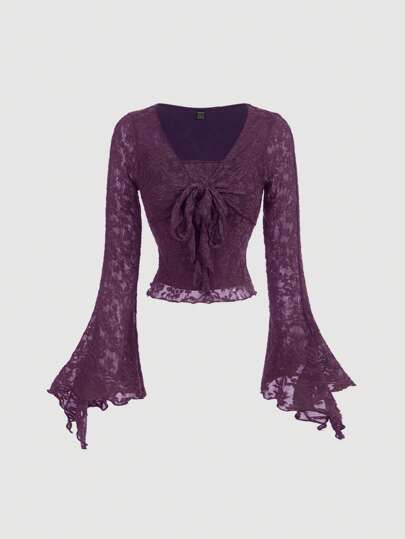 SHEIN MOD ملابس علوية أنيق وأنثوي بربطة أمامية، تي شيرت جميل للنساء، ملابس علوية نسائية مجوفة للخروج في فصل الخريف والشتاء، ملابس علوية أميرة نسائية لارتداء خروج