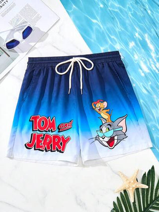TOM & JERRY X SHEIN شورت شاطئ بخصر رباط مع رسم كرتوني أزرق التدرج اللوني، للاصطياف الصيفي، أسلوب هاواي