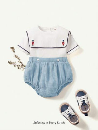 Cozy Pixies مجموعة لباس علوي ذات أكمام قصيرة وشورت بطبعة فرسان للأولاد الرضع، باللون الأزرق البحري، قطعتان