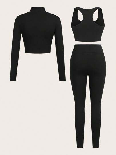 SHEIN Essnce مجموعات ملابس نسائية كاجوال للصيف، مجموعات رياضة وراحة للنساء، بنطلونات وملابس شارع للنساء، ملابس علوية أكمام طويلة بياقة ملتفة، توب كاميسول وتجميعة سروال لياقة بدنية، مجموعة 3 قطع للنساء