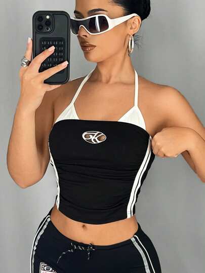 SHEIN ICON ملابس علوية أنبوبي بدون أكمام بربطة عنق ولون متباين، نمط رياضي للاستخدام اليومي للنساء، ملابس نسائية لاطلالة كاجوال وخروج أو جيم