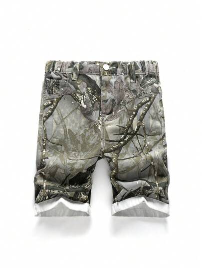 سروال قصير جينز مغسول مع طباعة على الفرع للأولاد المراهقين ، موضة عصرية