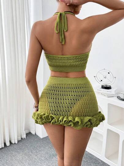 طقم تانكيني حريمي Swim Chiccia طقم ملابس صيفي لمرأة مكون من 2 قطعة، جزء العلوي قصير بياقة حلقية وجزء السفلي تنورة ذات نهاية مكشكشة، بألوان سادة، طقم عصري لتغطية الملابس على الشاطئ في فصل الصيف