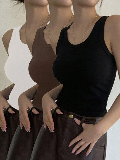 Essnce 3 قطعة/عبوة قمصان كاجوال نسائية أكمام ضيقة بياقة مستديرة بتصميم بسيط مناسبة للصيف
