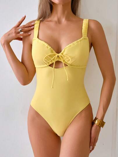 مايوه حريمي قطعة واحدة Swim Mod بدلة سباحة قطعة واحدة كيوت للنساء ذات أشرطة خفيفة باللون الأصفر الفاتح مع عقدة مفتوحة، للإجازة والشاطئ الصيفي