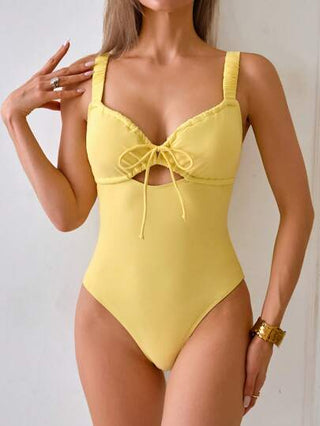 مايوه حريمي قطعة واحدة Swim Mod بدلة سباحة قطعة واحدة كيوت للنساء ذات أشرطة خفيفة باللون الأصفر الفاتح مع عقدة مفتوحة، للإجازة والشاطئ الصيفي